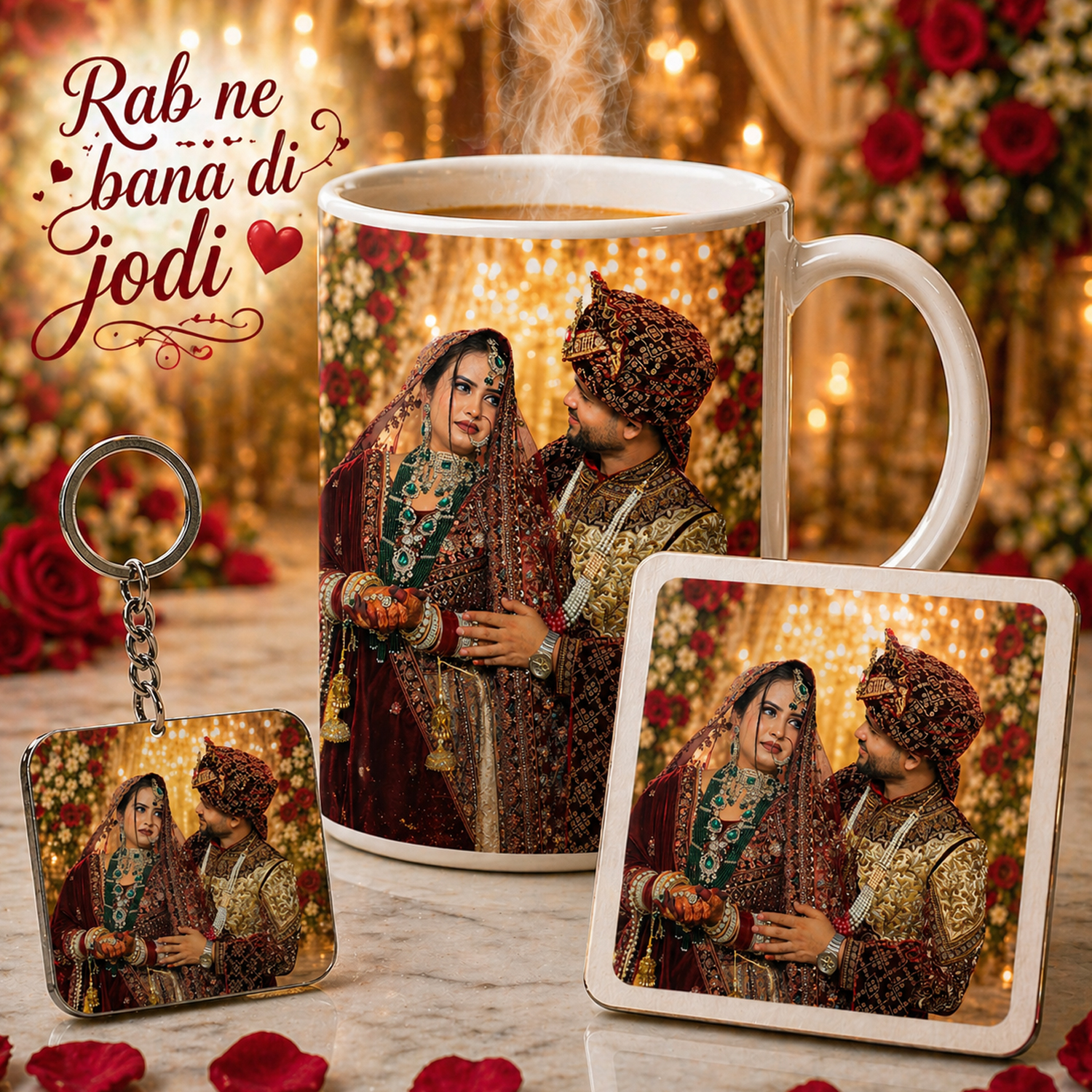 Personalized Photo Print Gift Set - Customized Coffee Mug, Keychain & Coaster Combo | Gift for Family, Anniversary, Birthday & Special Occasions