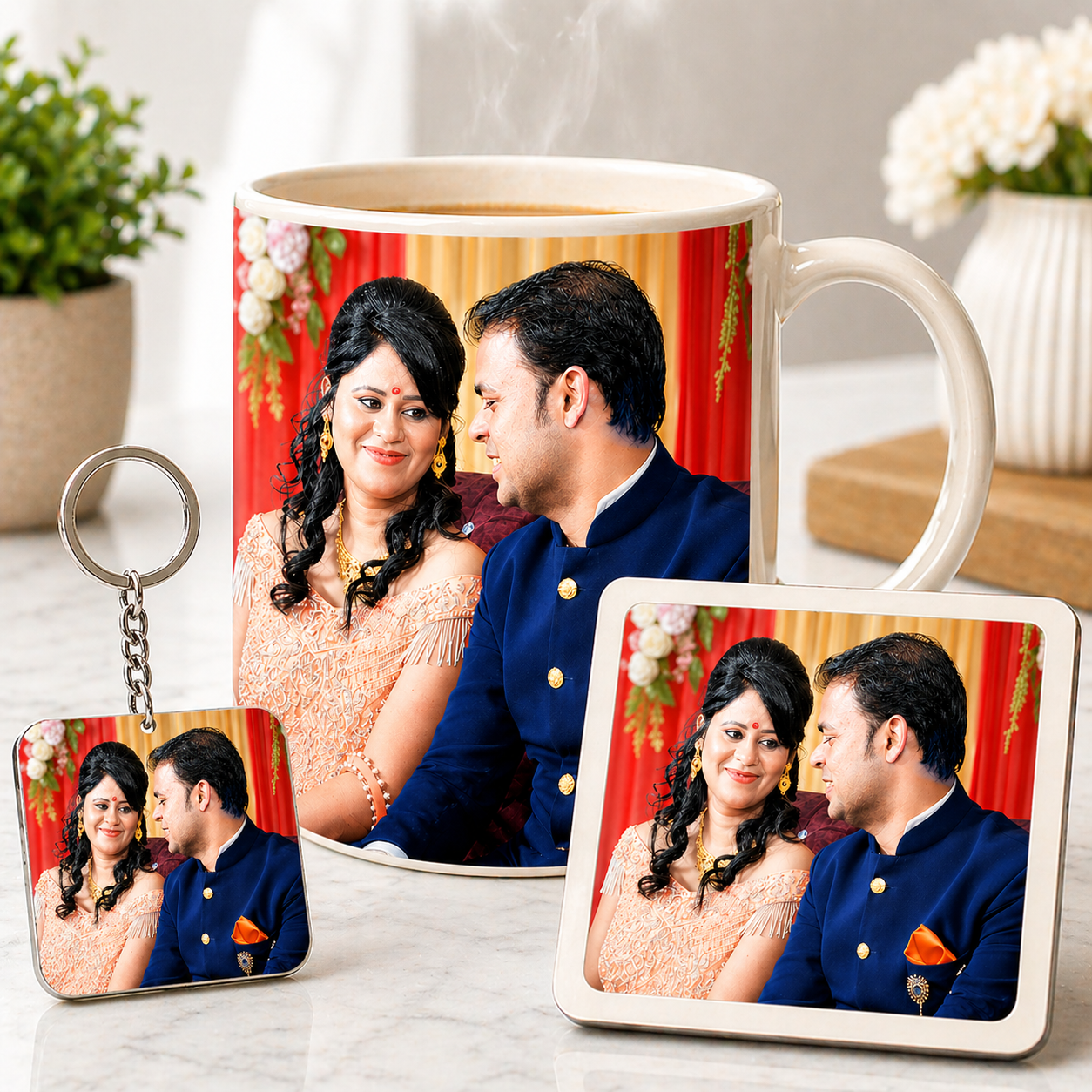 Personalized Photo Print Gift Set- Coffee Mug, Keychain & Coaster Combo | Gift for Family, Anniversary, Birthday & Special Occasions