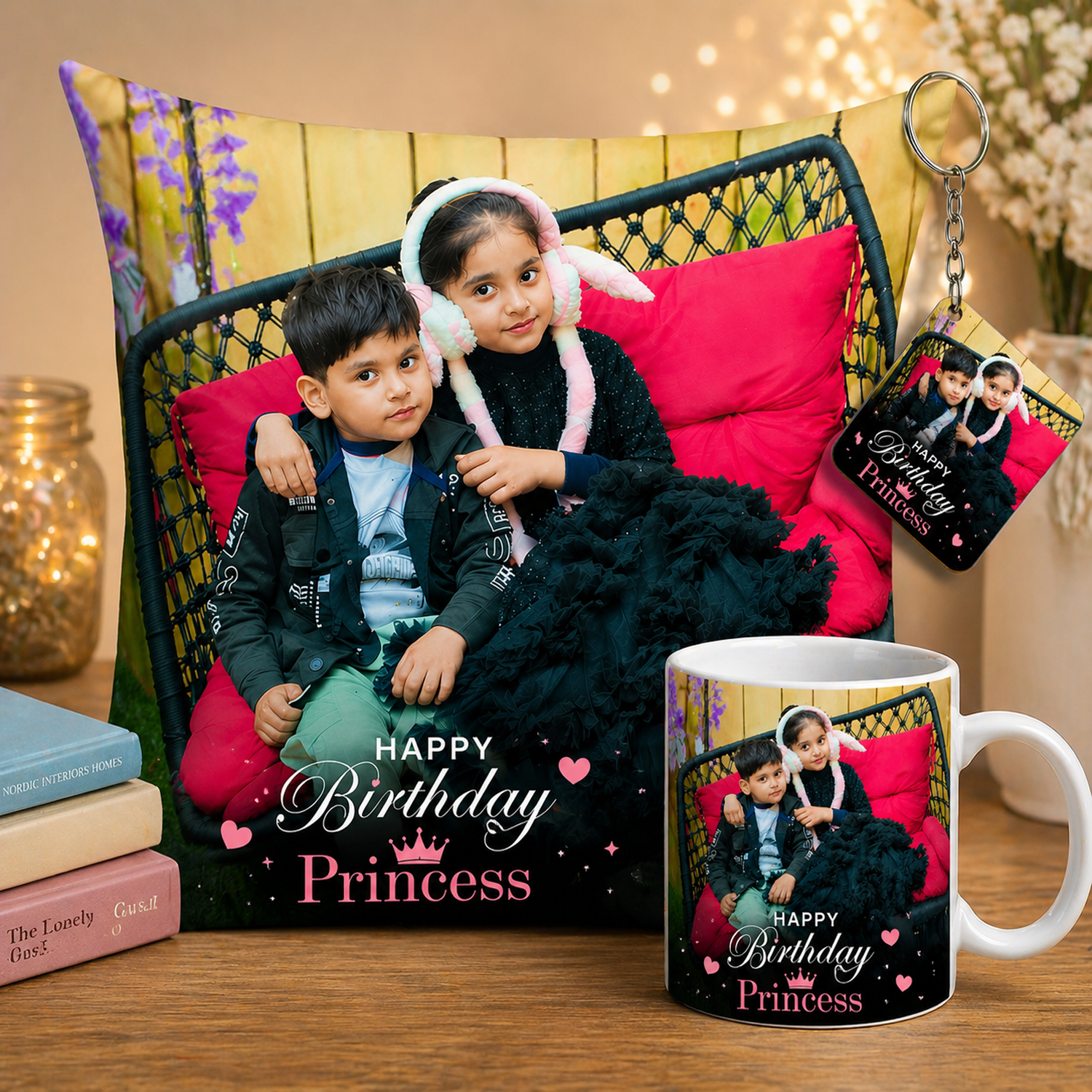 Personalized Combo (Mug + Cushion Cover + Filler + Keychain) Gift for Occasion, Valentine Day, Birthday, Anniversary, Sister, Brother Friends 16x16 Inch. (Couple, Parents)