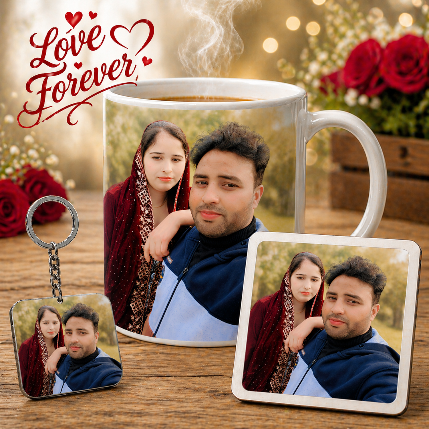 Ceramic Coffee Mug, White, Wooden Kechain | Custom Mug with Your Photo | Custom Keychaion Your Ideal Gift for Birthday, Anniversary, Rakhi, Friendship Day.