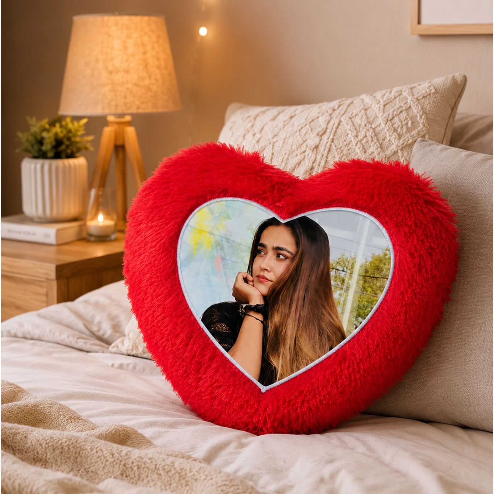 Personalized Photo Fur Red Pillow/Cushion for Valentine Day Birthday Anniversary (Fur Heart Shape Cushion