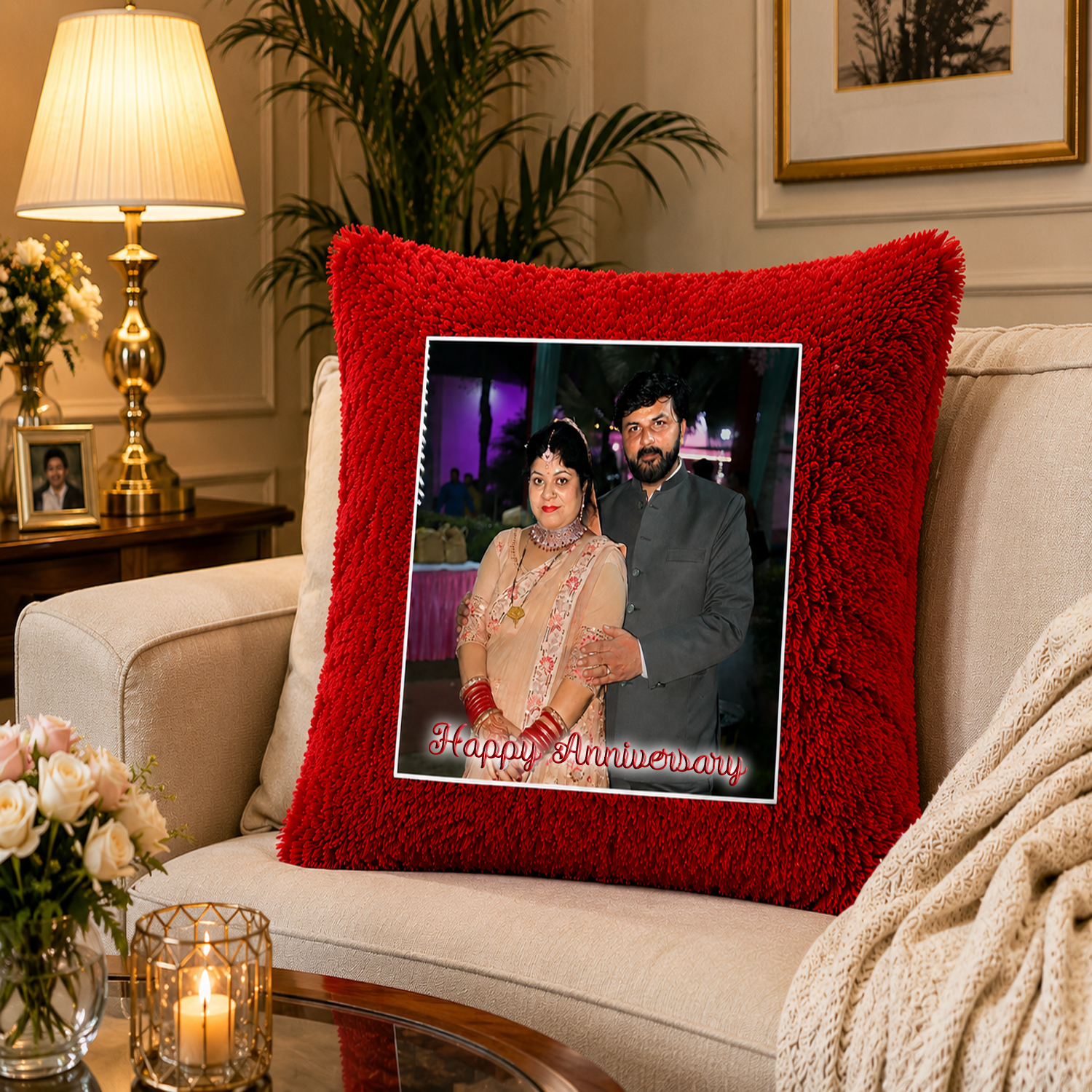 Personalized Square Shape Fur Cushion Pillow with Photo | Soft Velvet Custom Photo Cushion for Gift on Birthday Anniversary Valentine’s Day for Couples Friends and Family (Size 16x16 Inch)