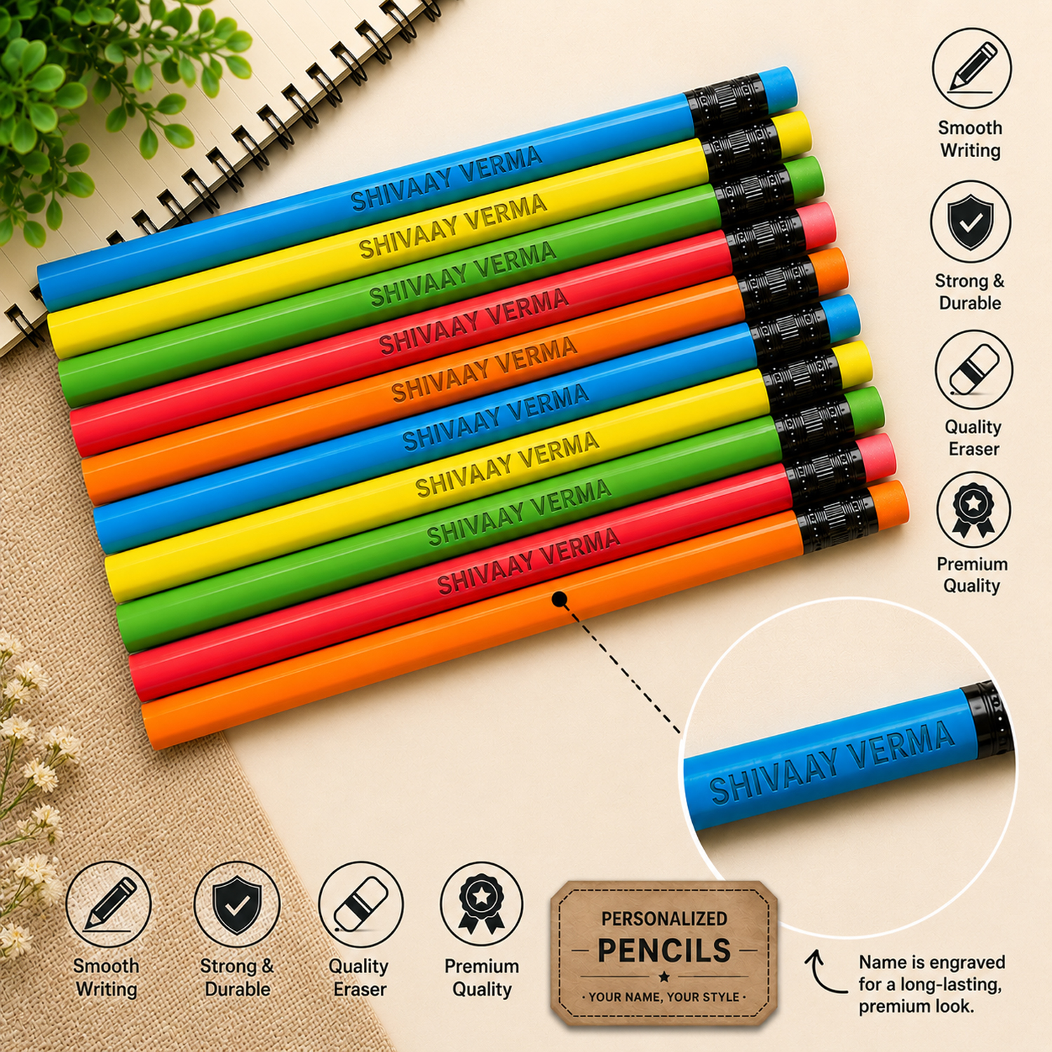 Personalized Pencils with Name for Kids 20 Pcs – Customized Name Pencil Set for Kids with Free Eraser & Sharpener – Engraved Name Ideal for School, Birthday & Return Gifts